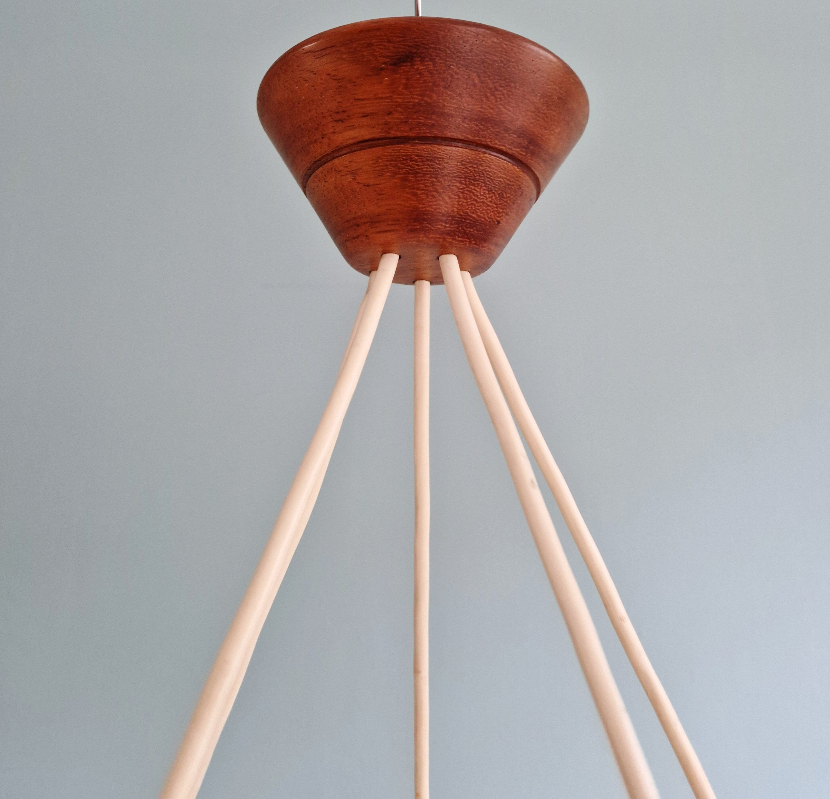 Large Scandinavian chandelier in teak and tubular white opaline, 1960.