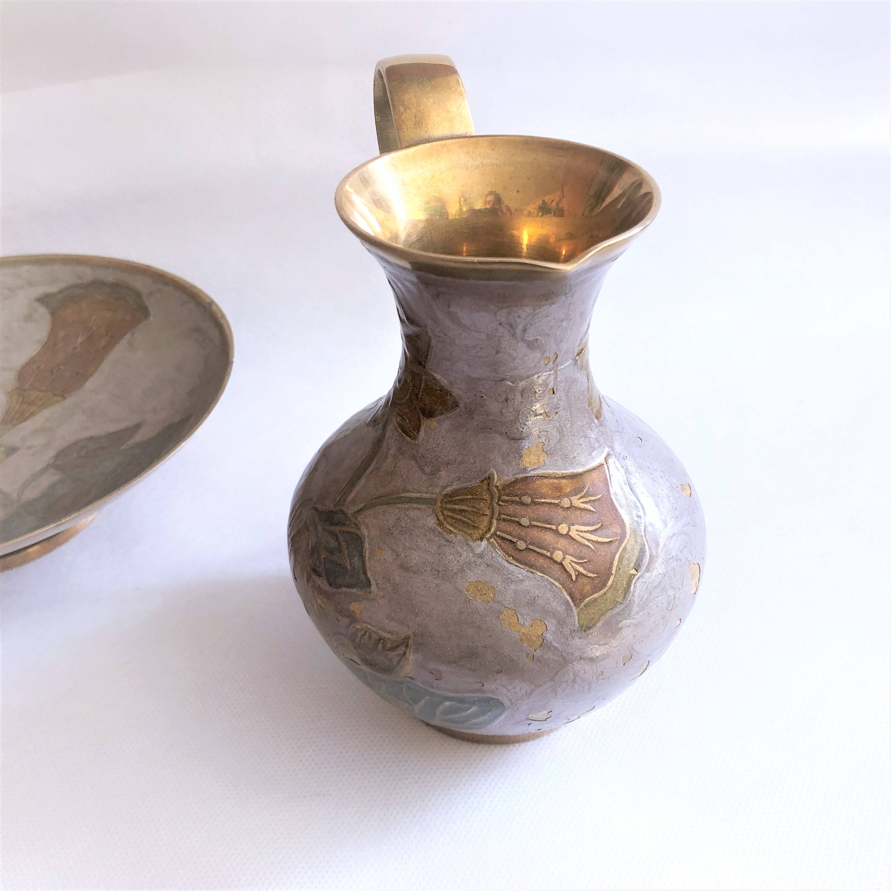 Enamelled brass carafe and cup set