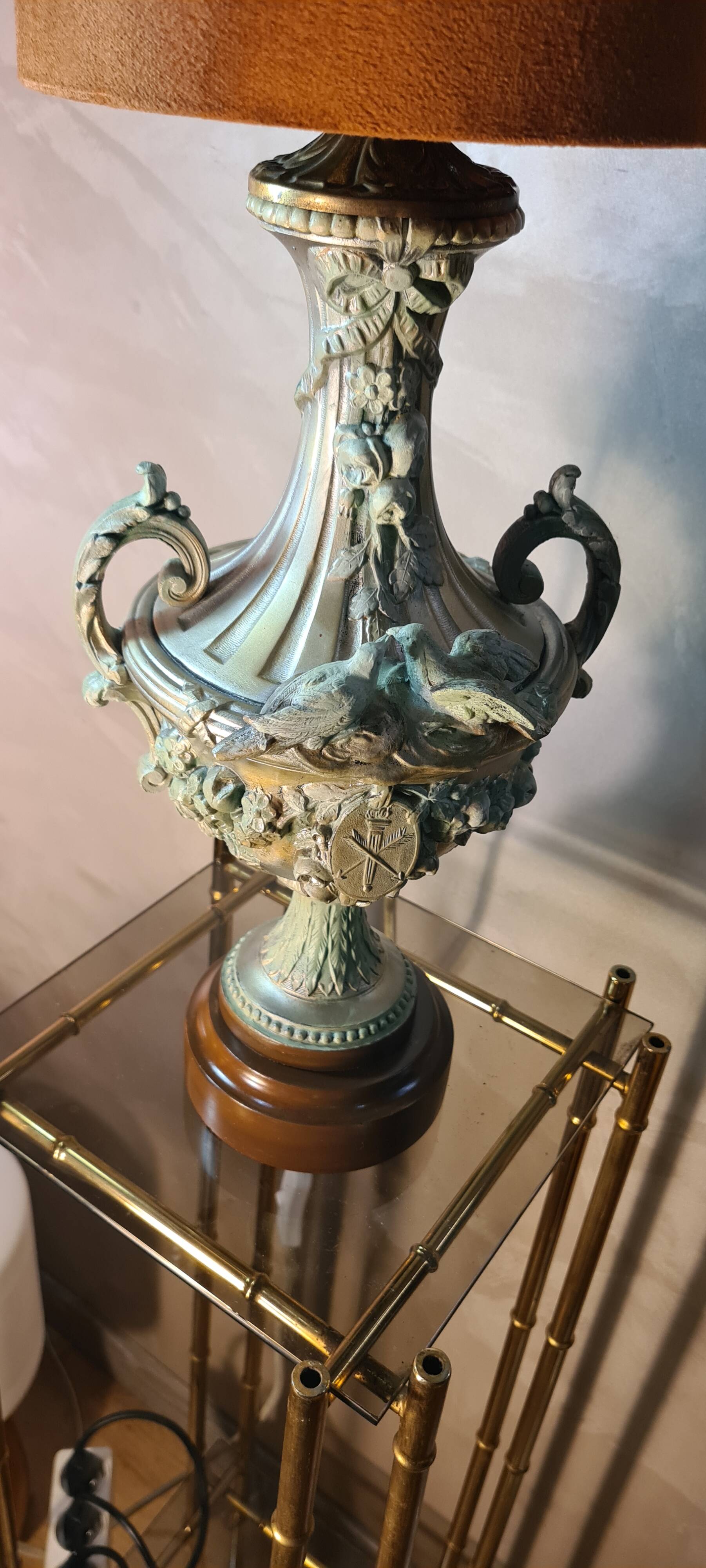 Vintage rococo style lamp, regency, regule steel patinated velvet lampshade 66x20