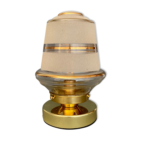 Lampe à poser globe vintage en verre givré blanc et doré