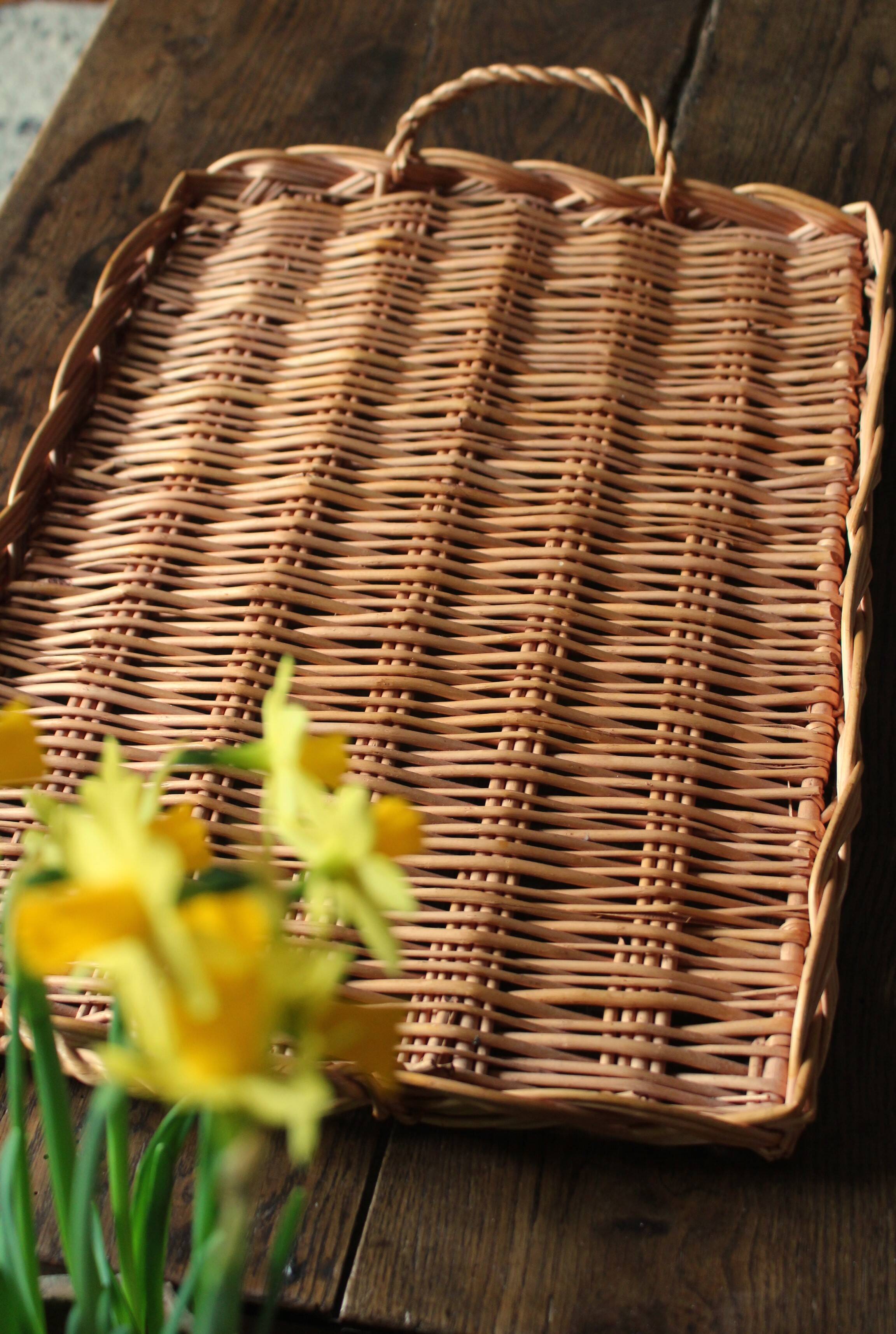 Large rectangular dark wicker tray with two vintage handles