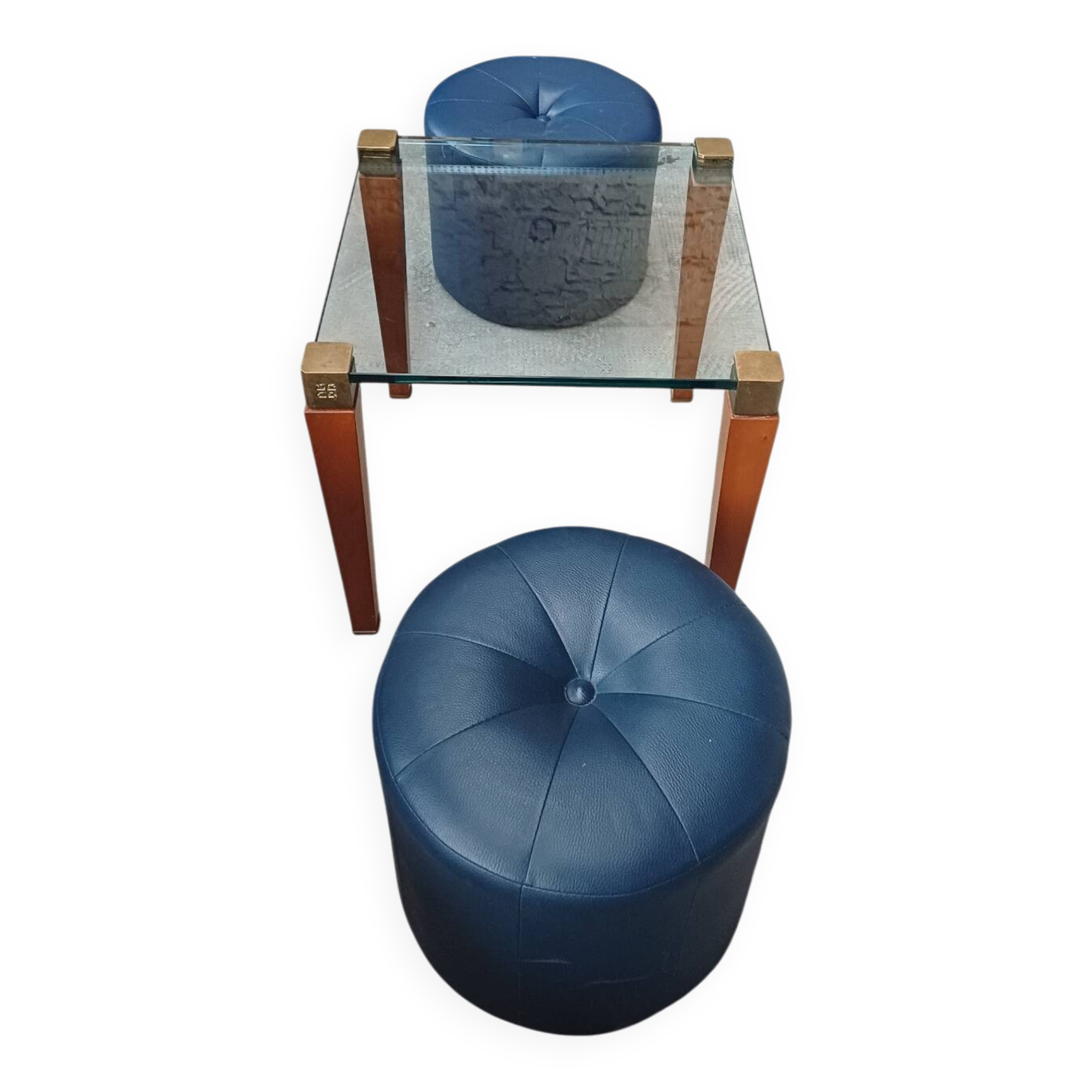 Modernist Design Side Table + 2 Blue Leather Poufs