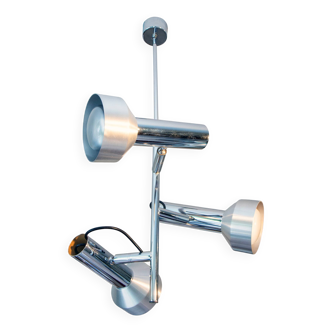 Space Age 1970s design pendant light, 3 adjustable chrome spotlights