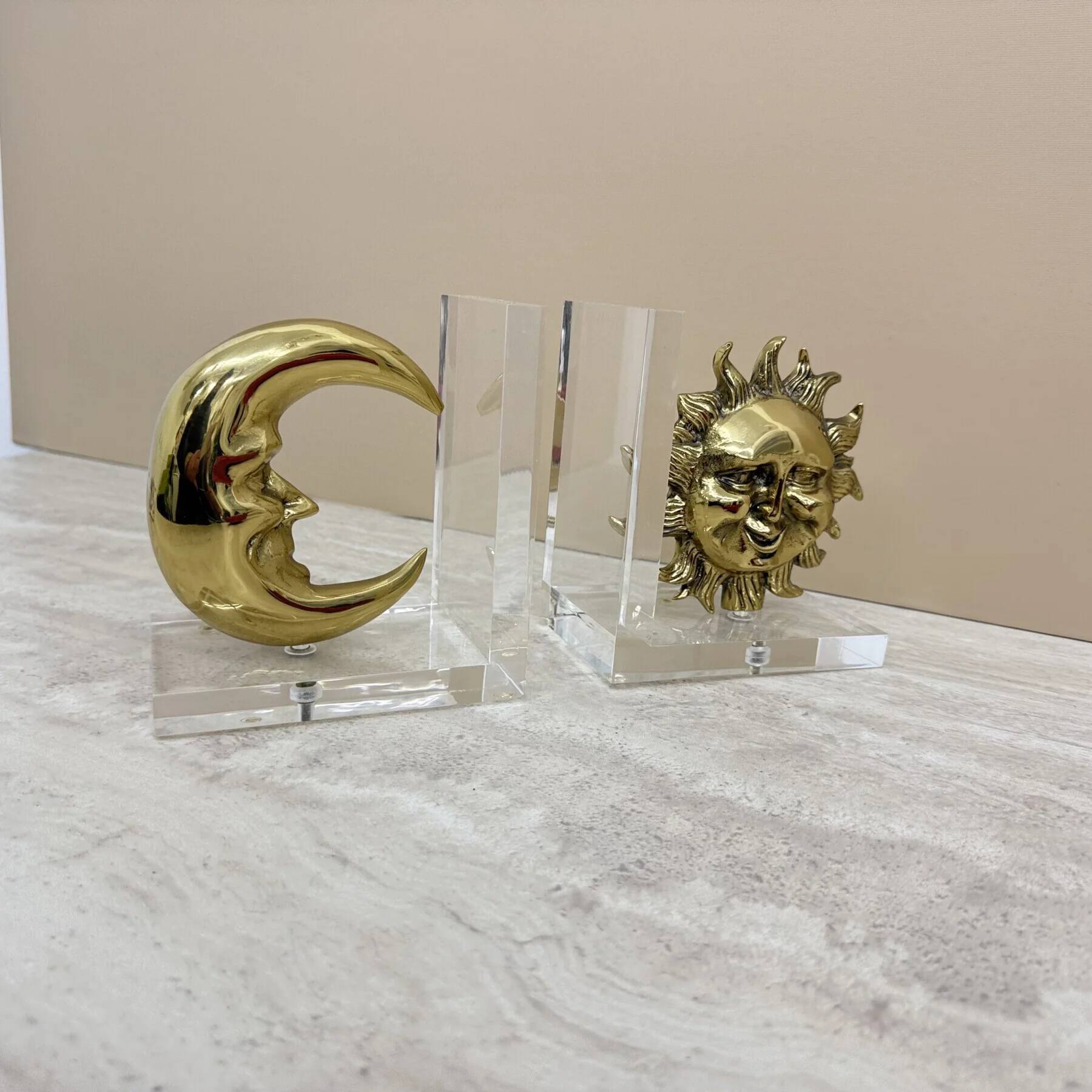 Vintage bookends sun and moon lucite and brass, 1970s
