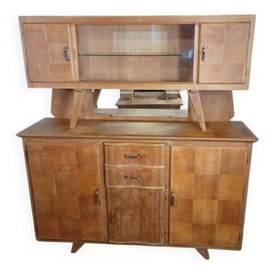 buffet deux corps années 50 placage chêne pieds compas
