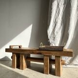 Solid wood bench with openwork base crossed by a cylinder - Mango wood