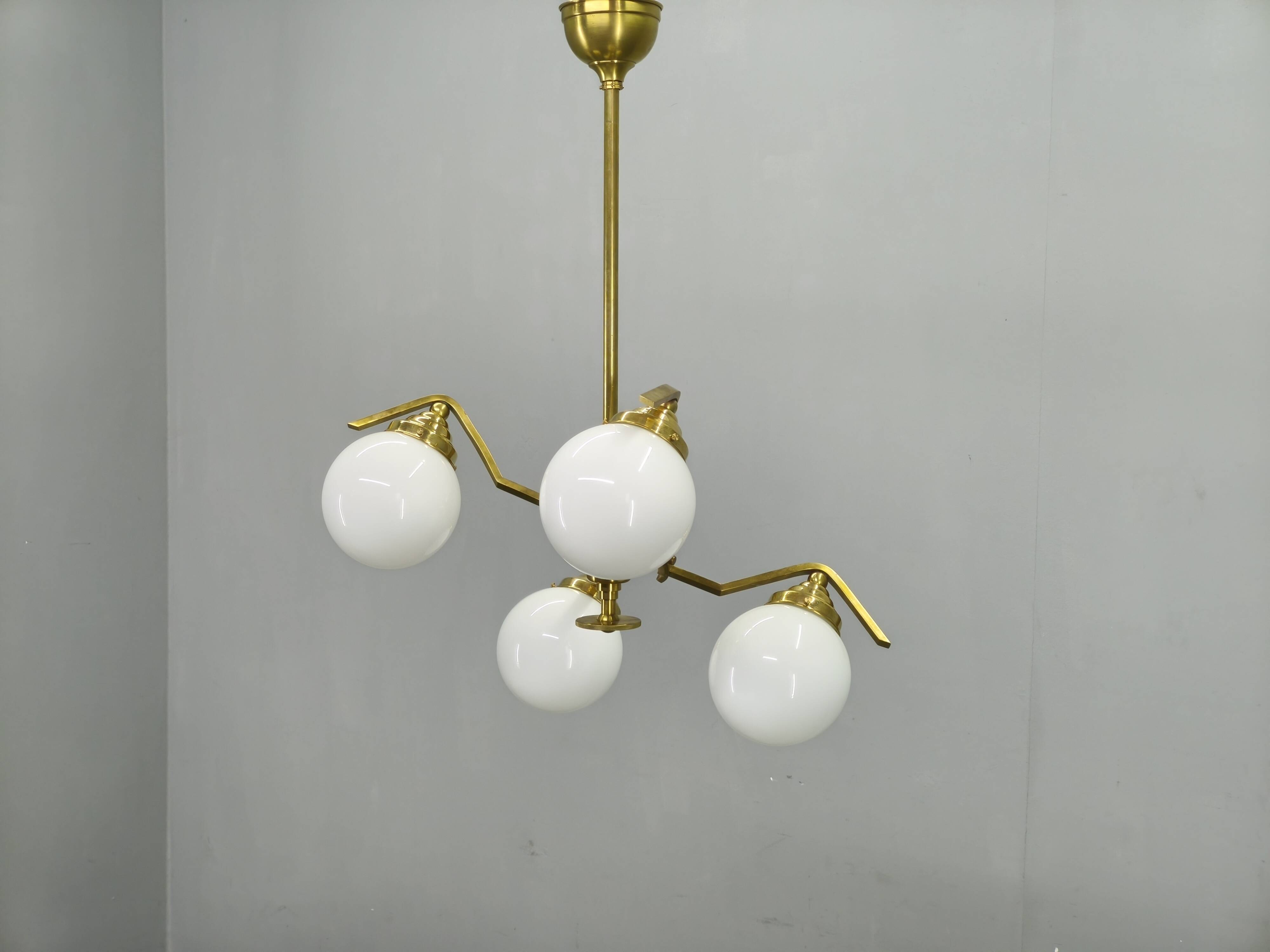 Adjustable Art Deco chandelier in brass with frosted glass, 1930s