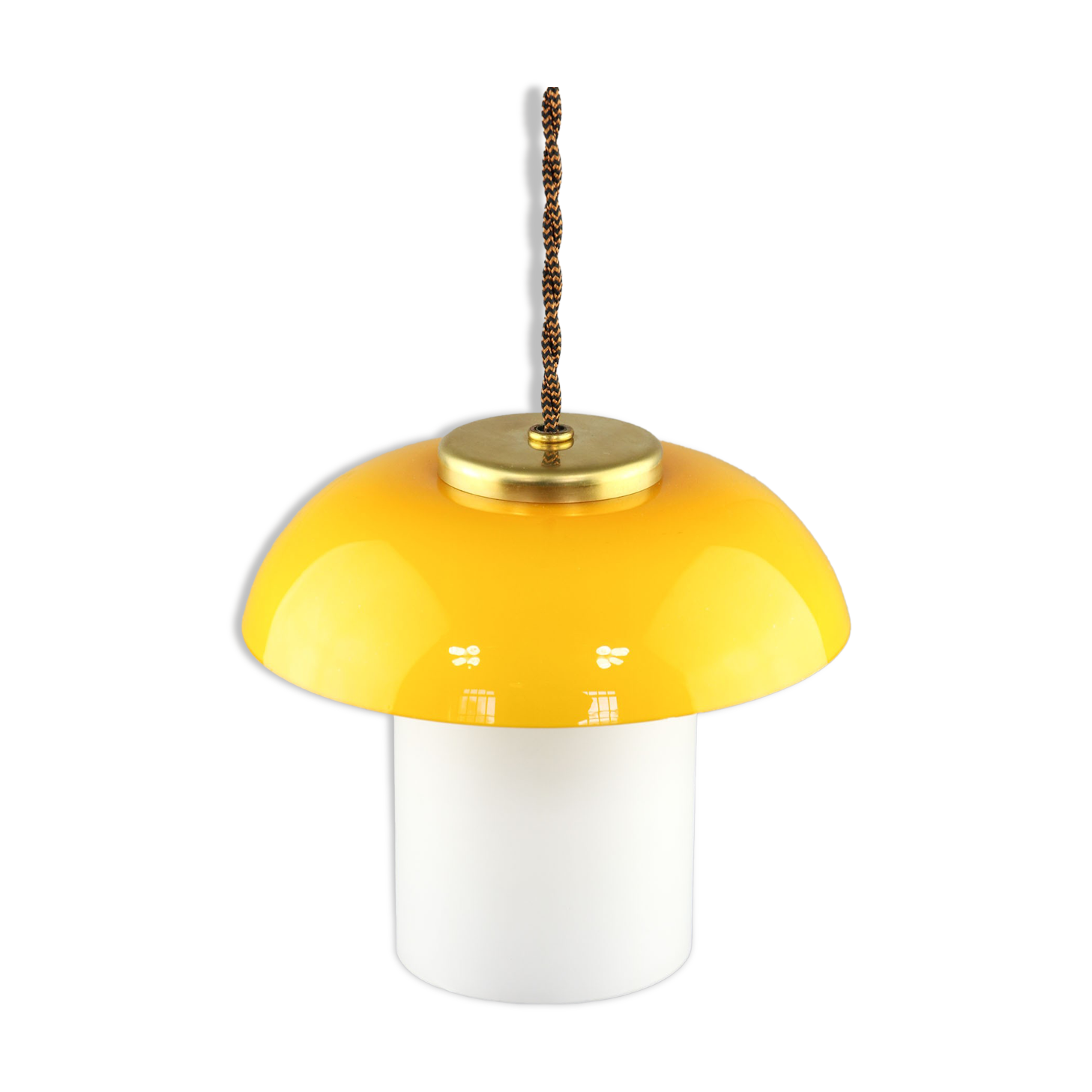 Mid-century yellow glass & brass mushroom pendant lamp