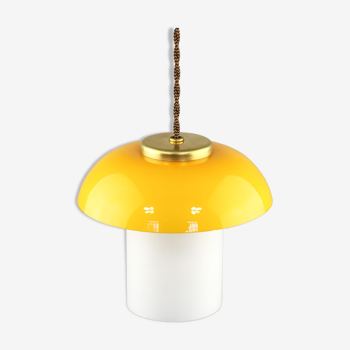 Mid-century yellow glass & brass mushroom pendant lamp