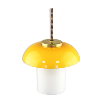 Mid-century yellow glass & brass mushroom pendant lamp