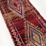 Moroccan Berber carpet boucherouite old red corridor with colored diamonds 271x100cm
