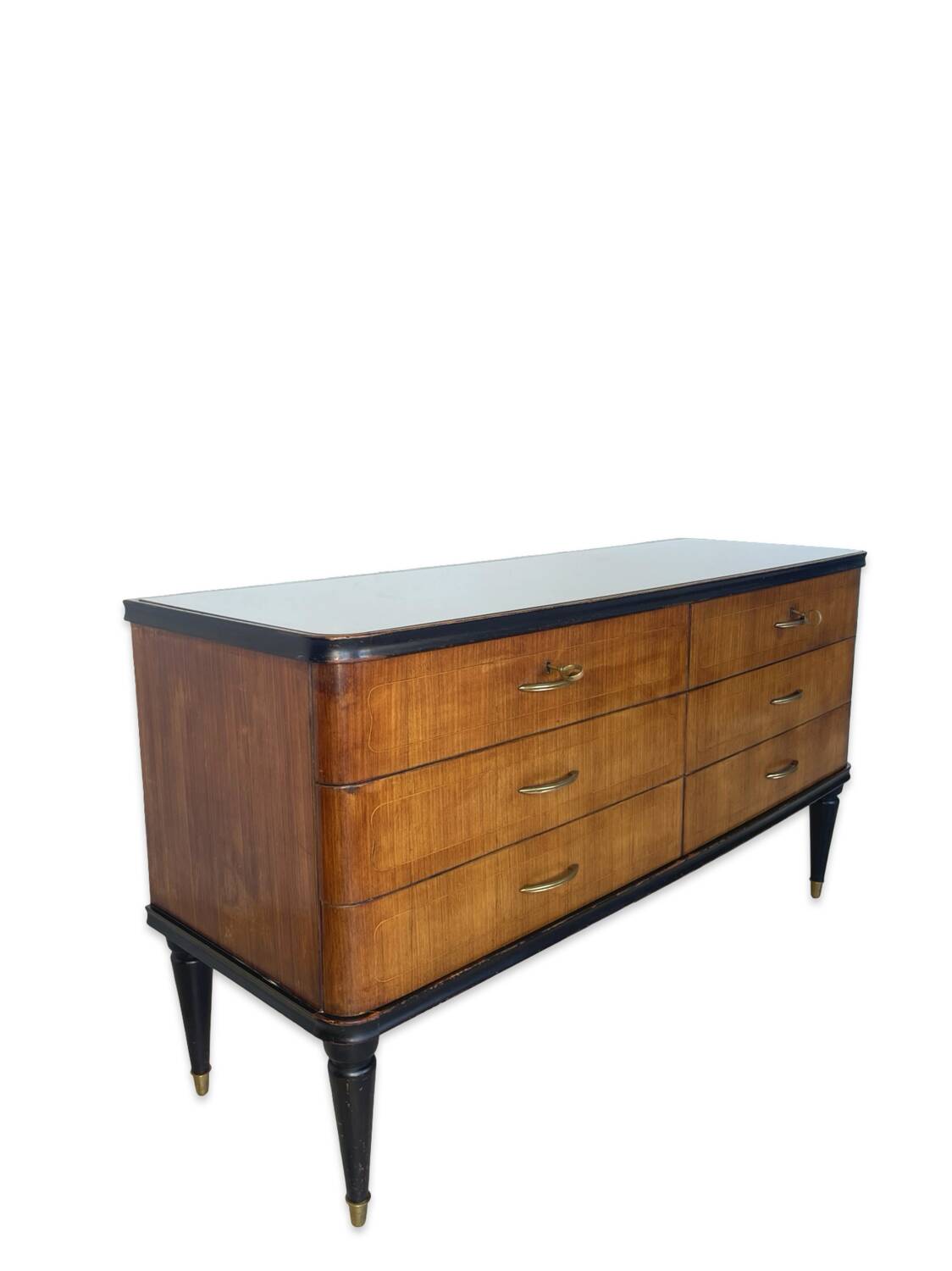 Commode en acajou plaqué avec plateau en verre vert, années 1950