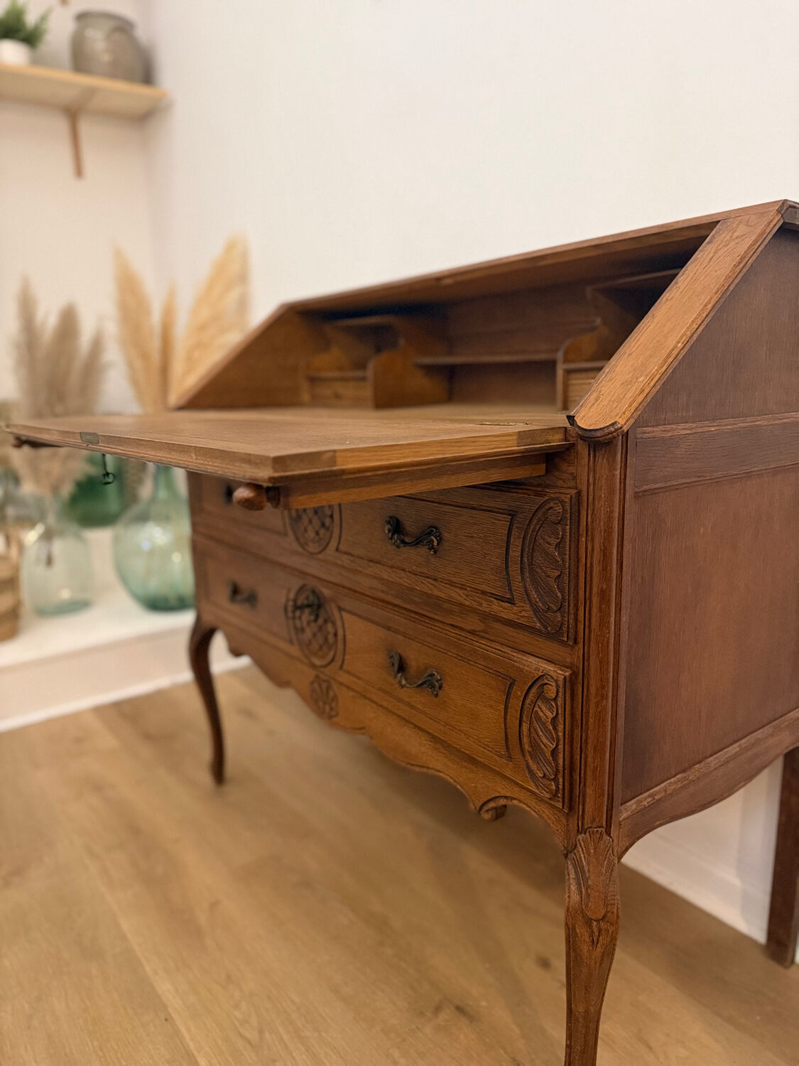 Carved oak secretary