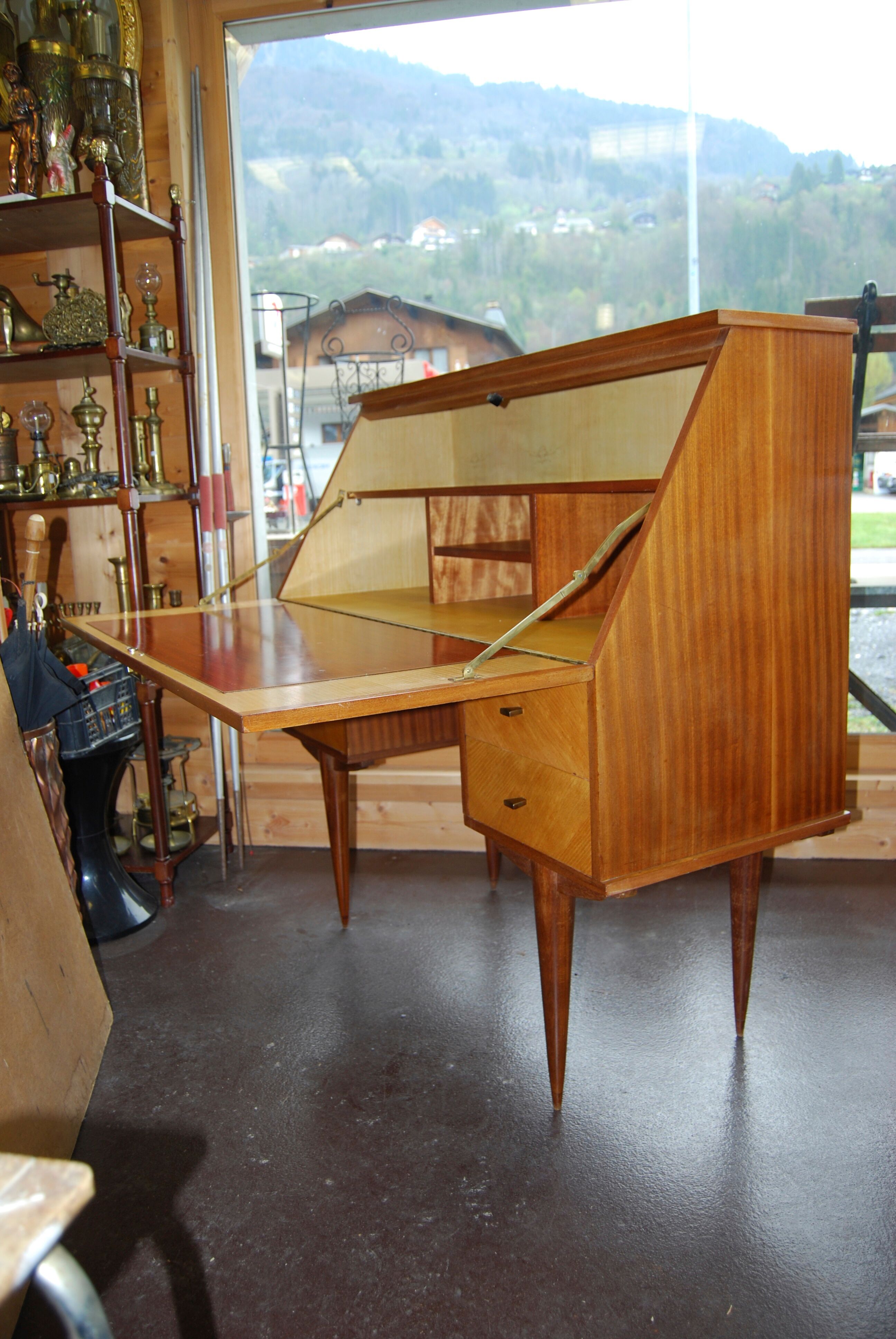 Office, Scandinavian slope secretary, satin wood and teak plating.