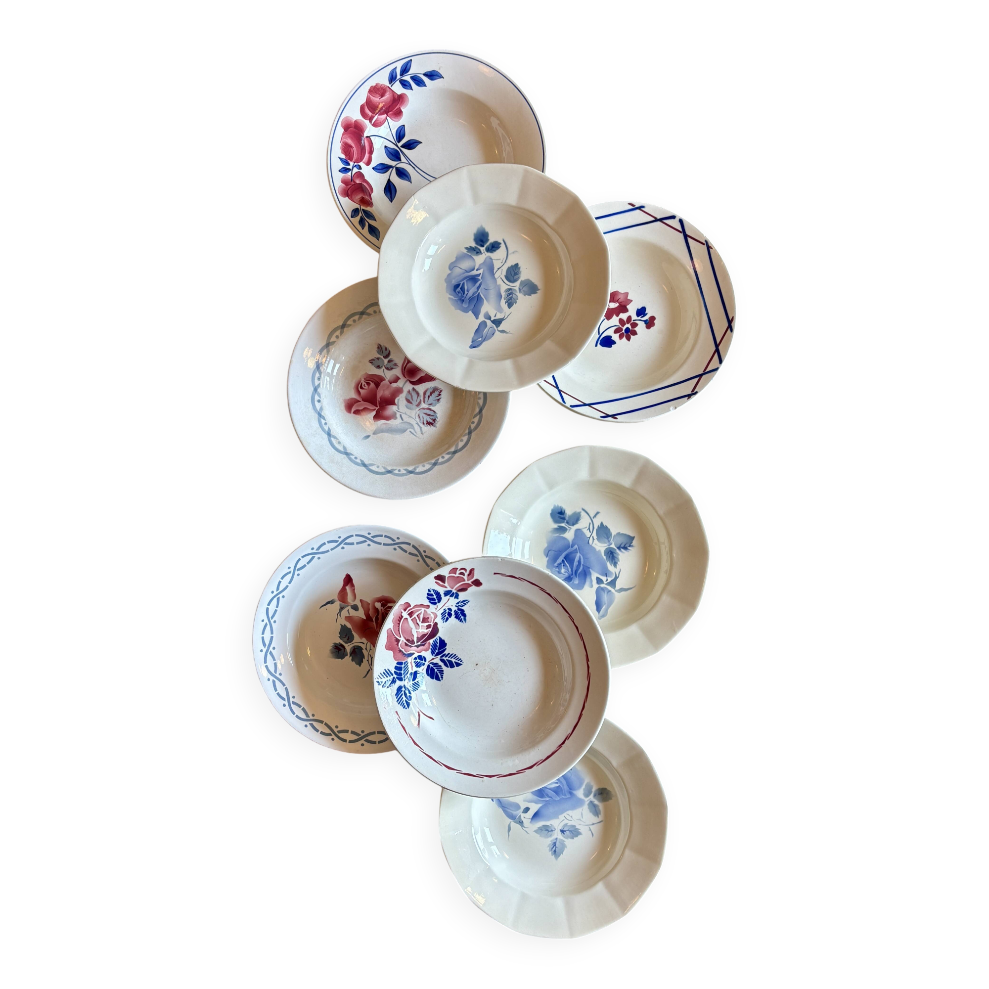 Set of 8 mismatched vintage soup plates