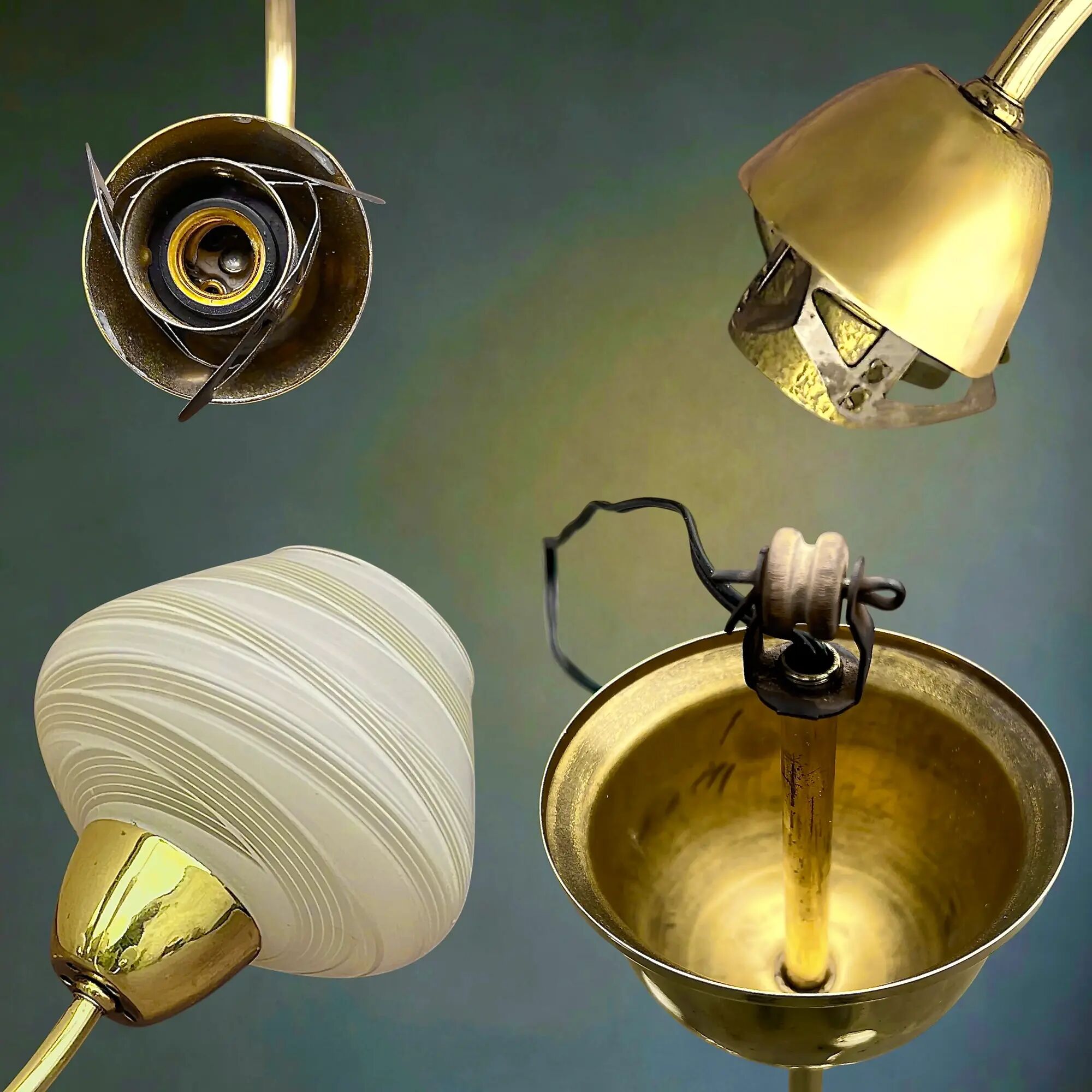 Three-light chandelier in brass and striated opaline glass – 1950s-60s