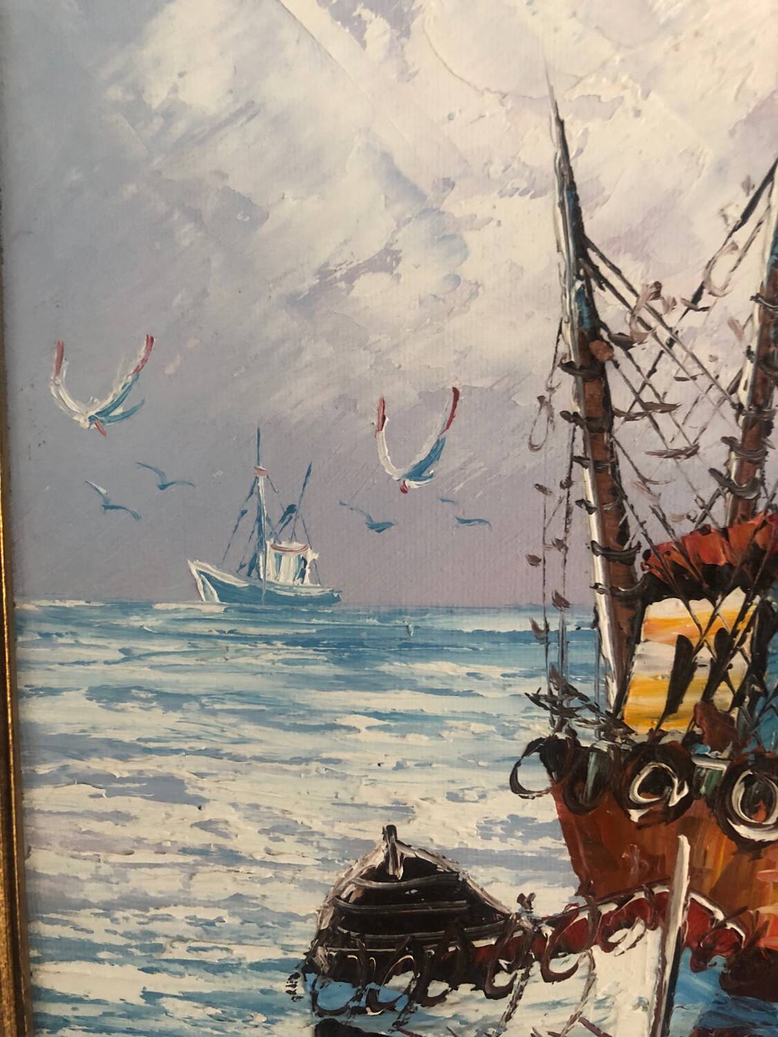 Oil painting on canvas Marine, Boat at the quay signed Florence