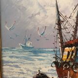 Tableau Huile sur toile Marine, Bâteau à quai signé Florence