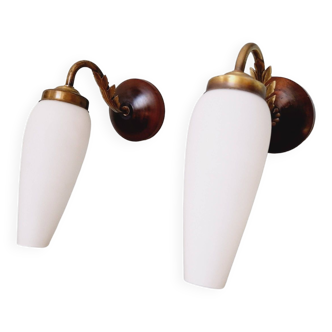 Pair of wall sconces in brass and white opaline, 1950s