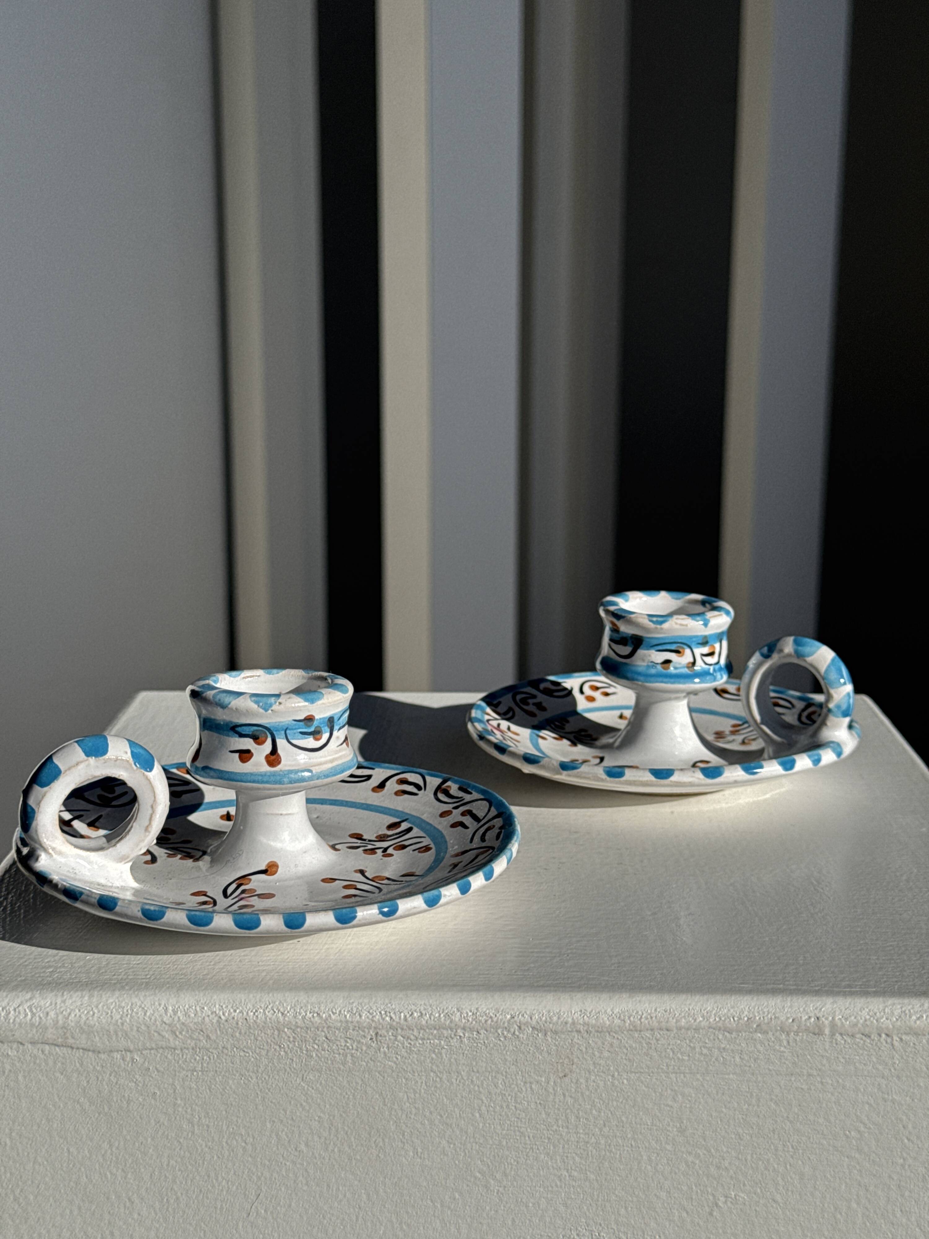 Light blue Moustiers candlestick H5 D12.5