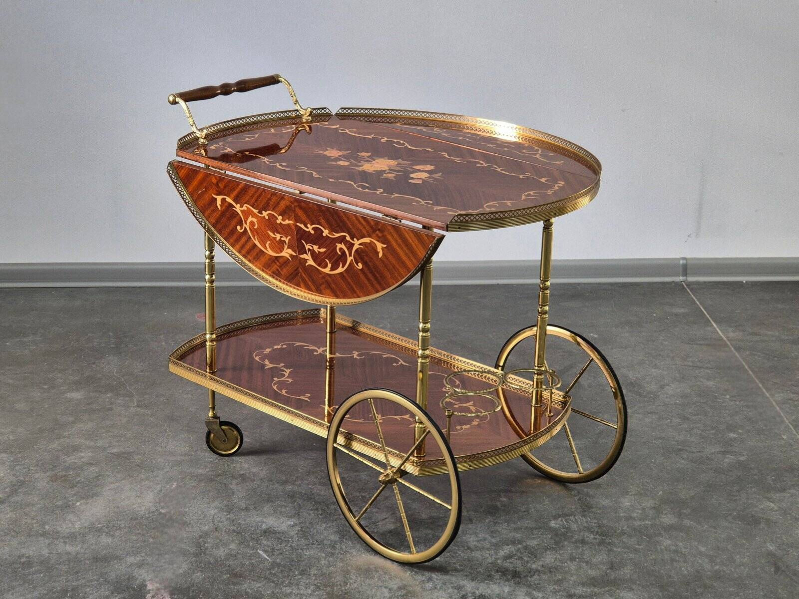 1970s drinks bar cart with side flaps in marquetry