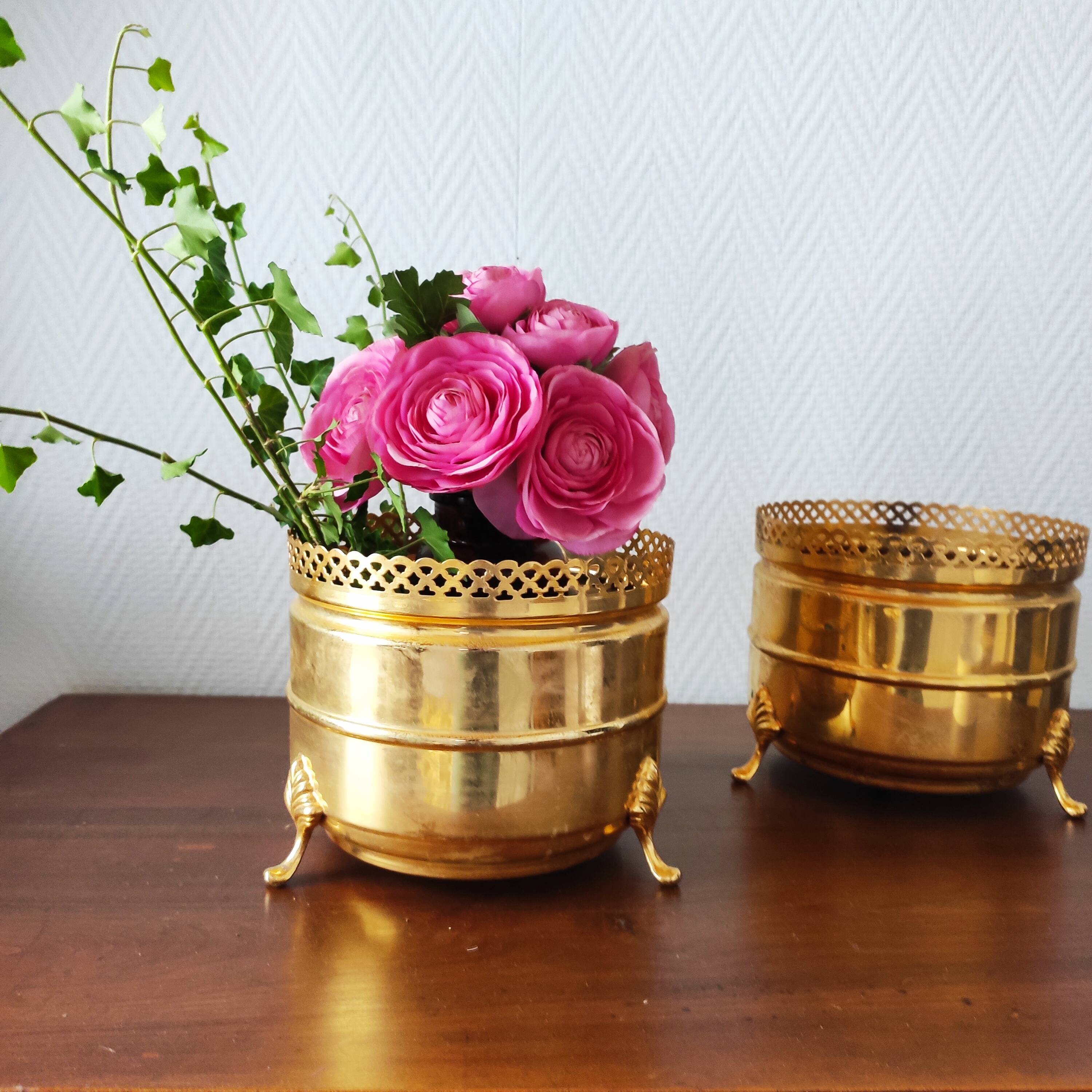 Pair of vintage brass planters with openwork gallery cache-pot.