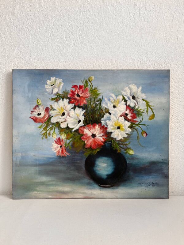 Peinture ancienne huile sur carton bouquet de fleurs anémones rouges et blanches 1985