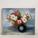 Peinture ancienne huile sur carton bouquet de fleurs anémones rouges et blanches 1985