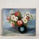 Peinture ancienne huile sur carton bouquet de fleurs anémones rouges et blanches 1985