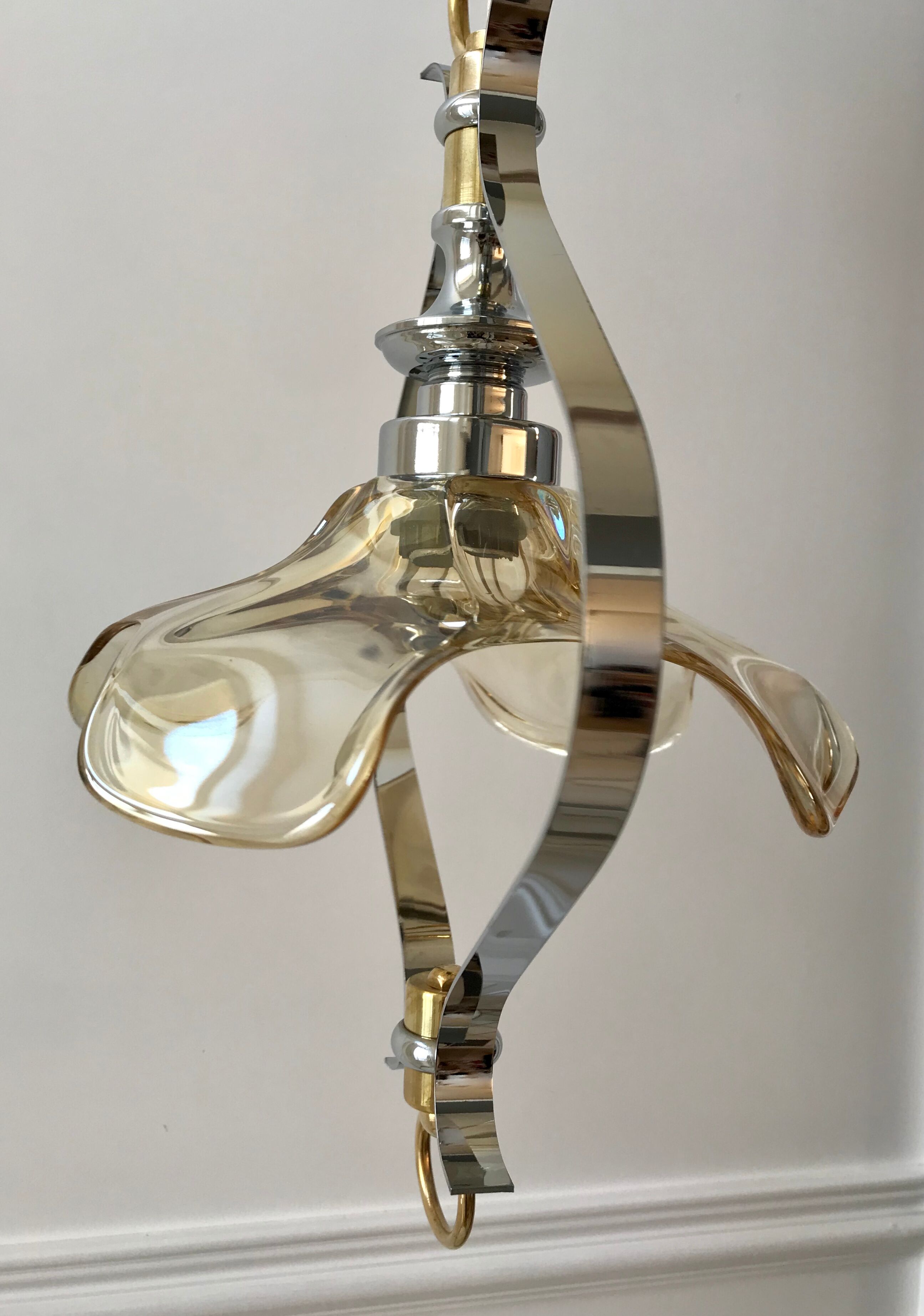 Petal hanging lamp in glass, brass and chrome metal 50