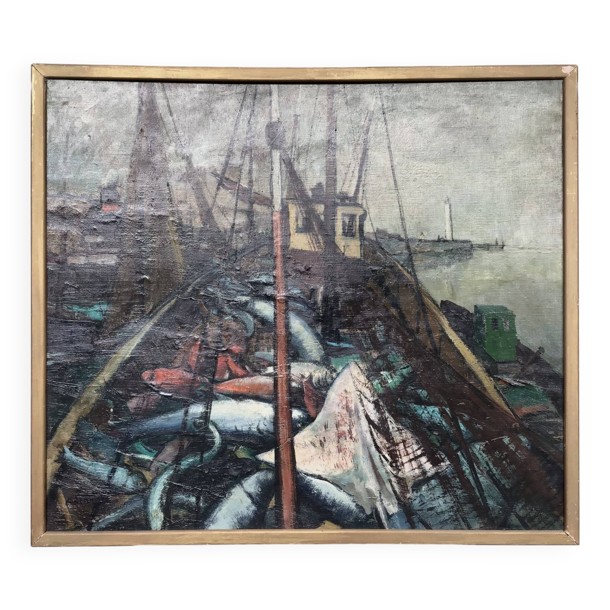 Oil on canvas - “The deck of the trawler returning from fishing” by Lucien Staquet (1911-1989)