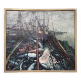 Oil on canvas - “The deck of the trawler returning from fishing” by Lucien Staquet (1911-1989)