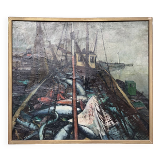Oil on canvas - “The deck of the trawler returning from fishing” by Lucien Staquet (1911-1989)