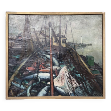 Oil on canvas - “The deck of the trawler returning from fishing” by Lucien Staquet (1911-1989)
