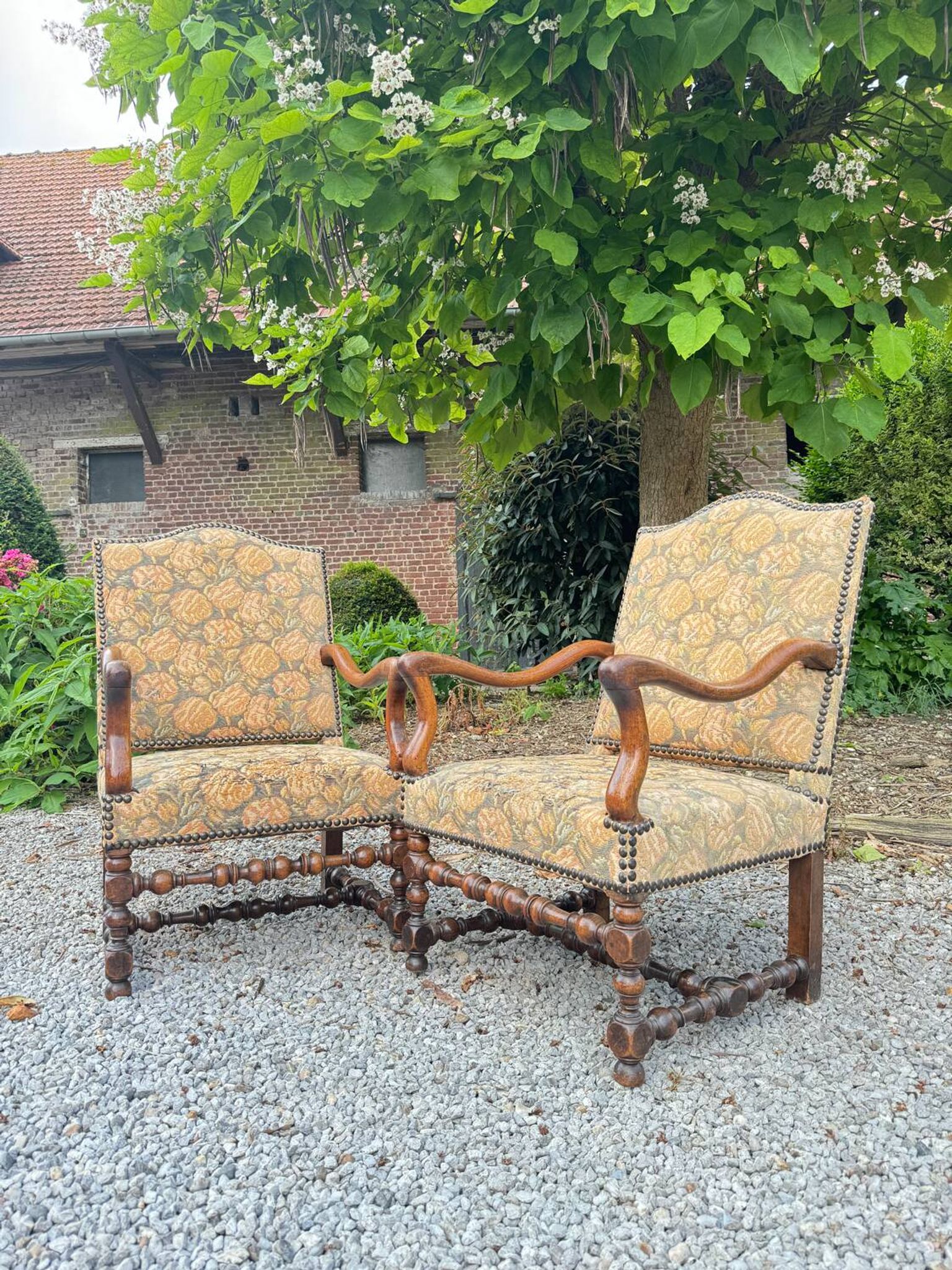 Pair of louis xiv period walnut armchairs, 17th century