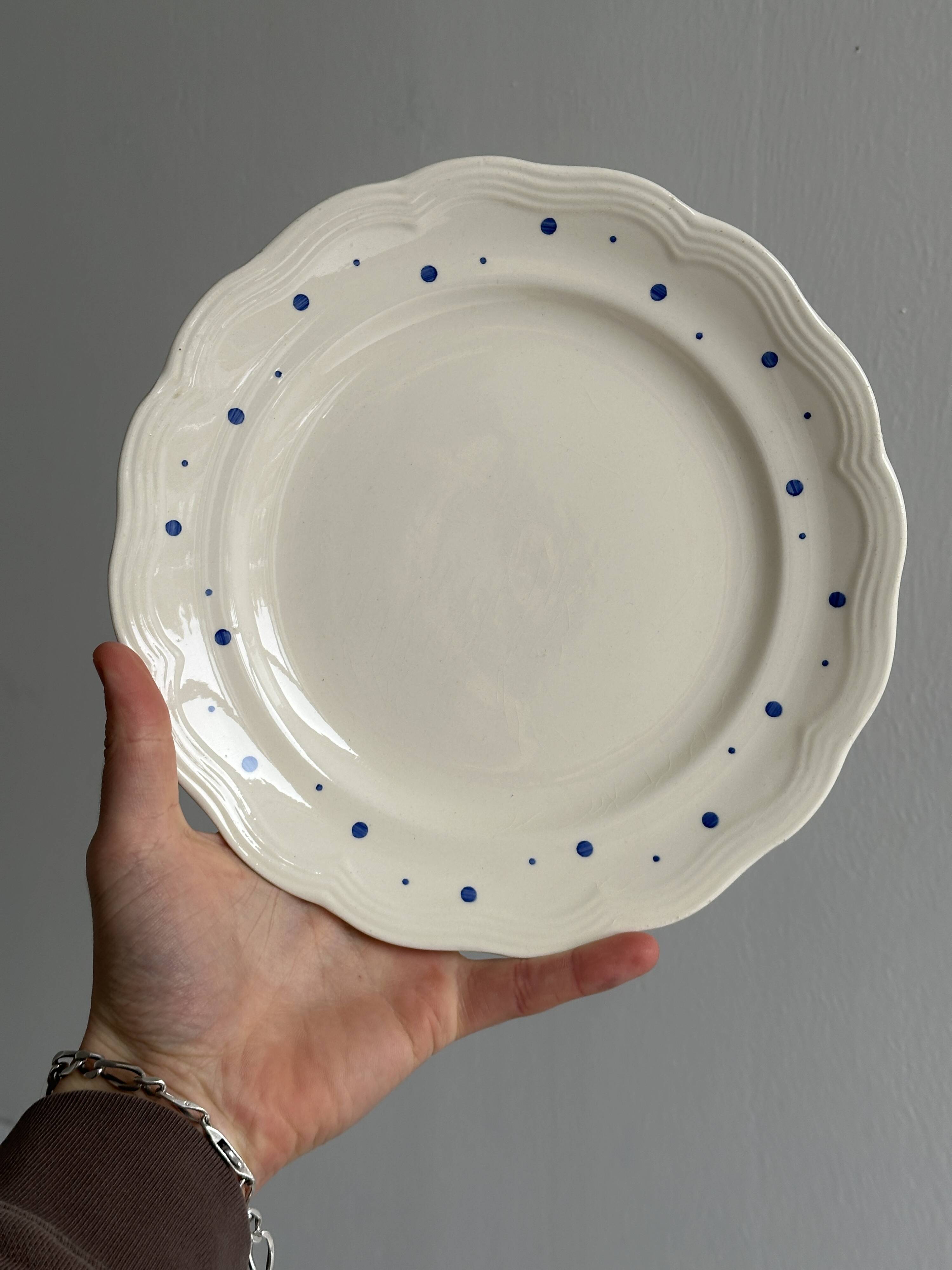 Vintage blue polka dot plate with scalloped edge