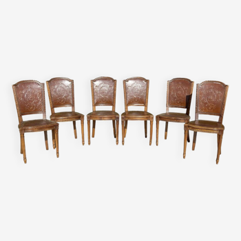 Suite de 6 chaises en noyer et cuir de Cordoue