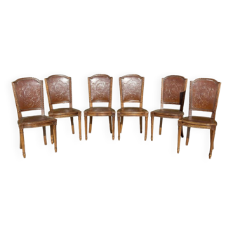 Suite of 6 Chairs in Walnut and Cordoba Leather