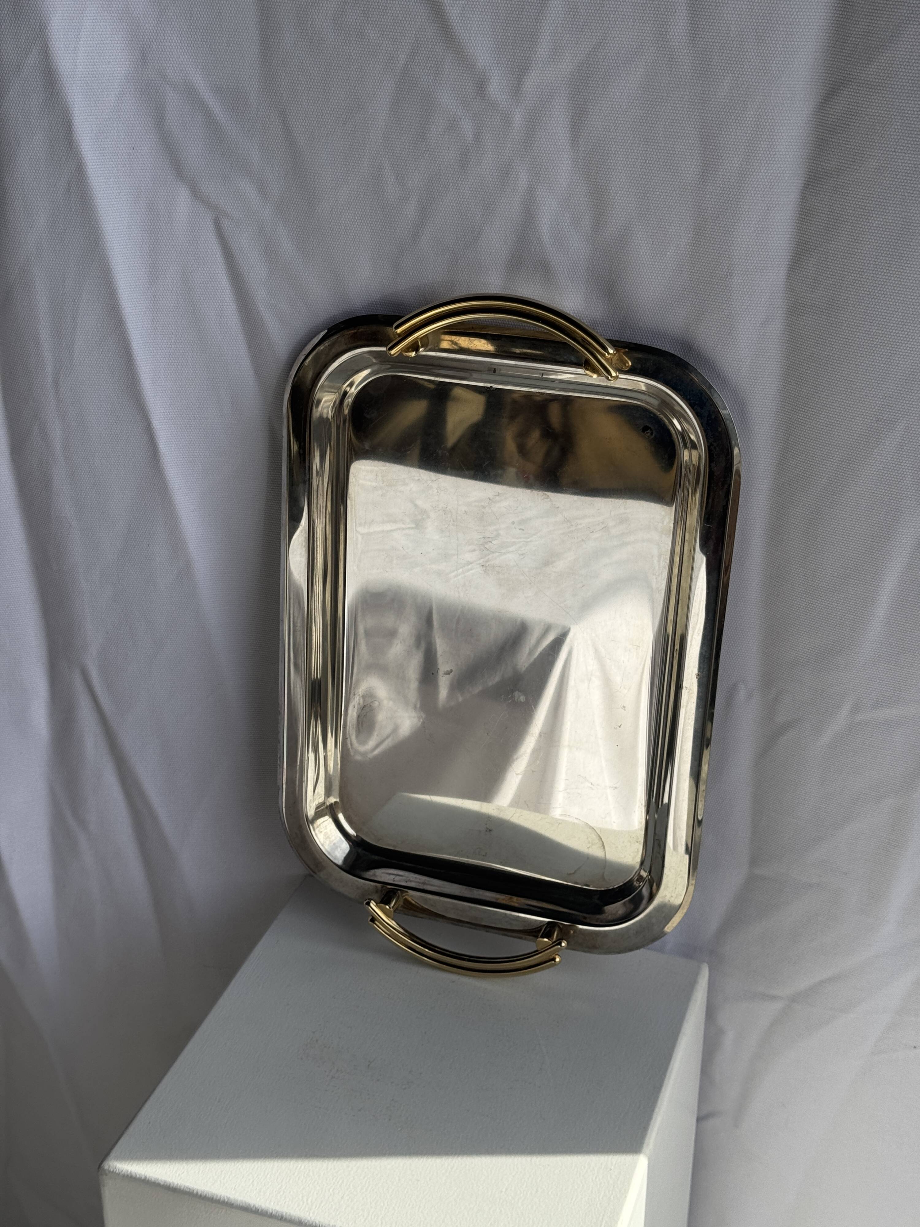 Silver-plated vintage tray with golden handles 29x45