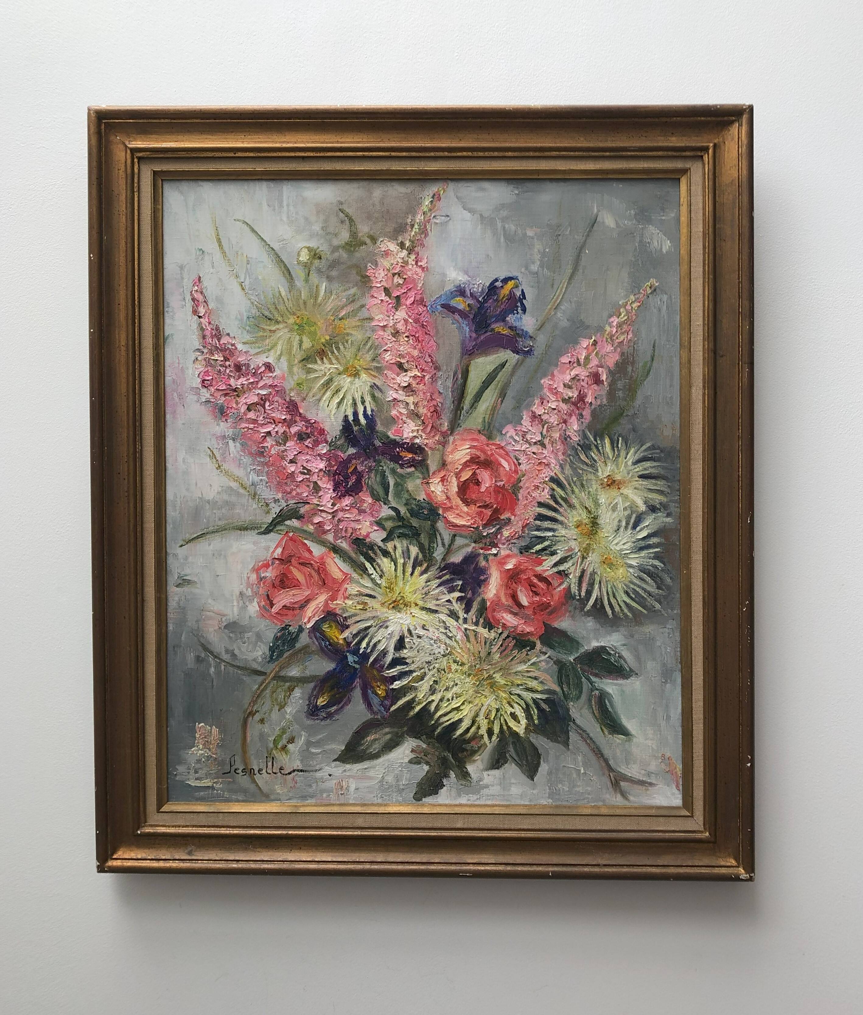 Old painting bouquet of pink flowers, iris, lupine, dahlia