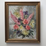 Old painting bouquet of pink flowers, iris, lupine, dahlia