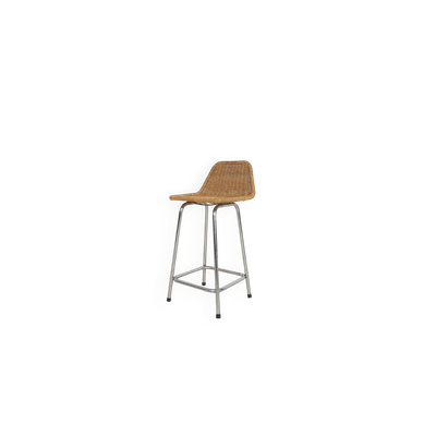 Tabouret de bar en rotin et métal Rohe Noordwolde, Pays-Bas, années 1950