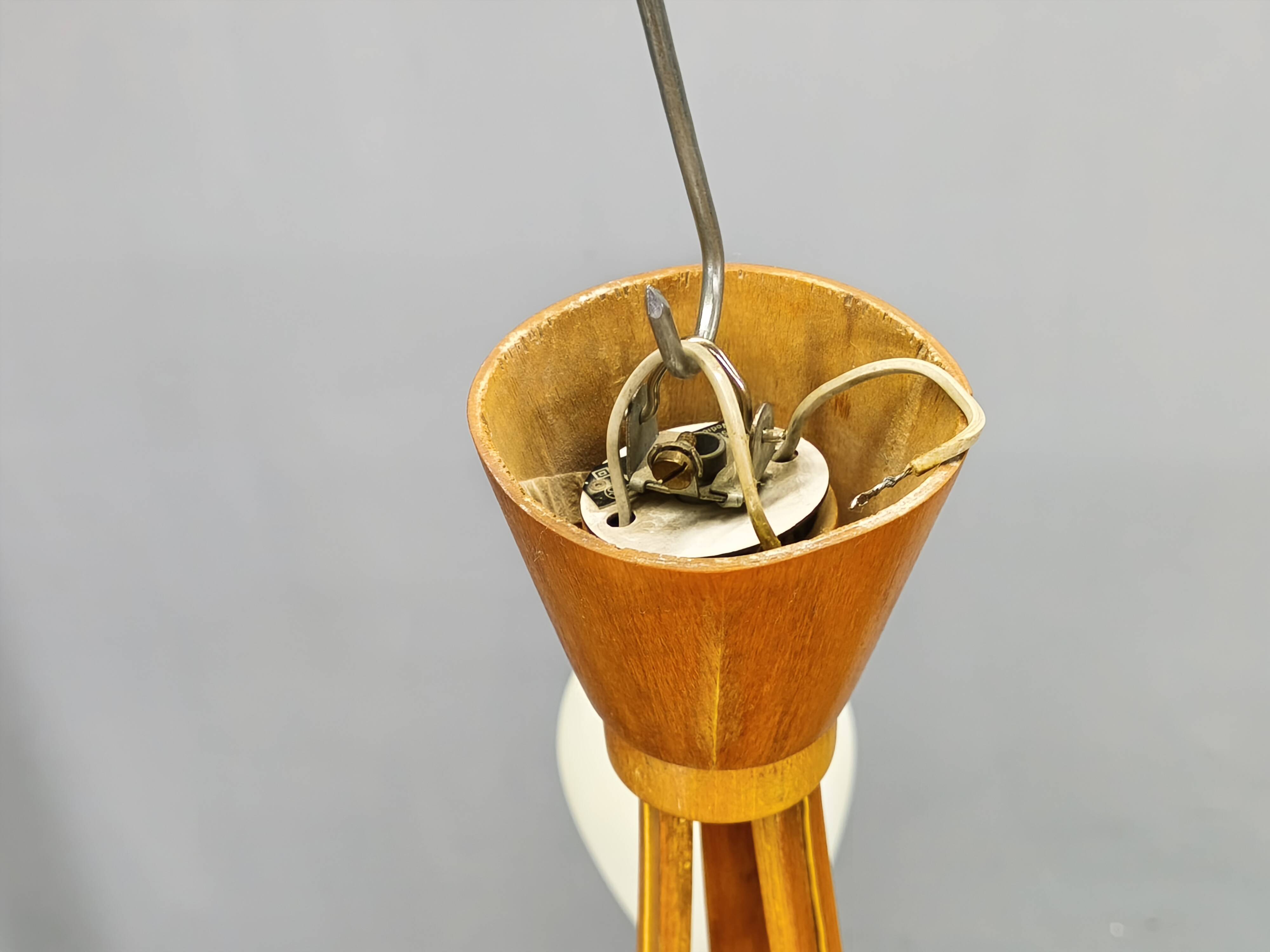 Pair of Czech Mid-Century Wood and Glass Chandeliers by Dřevo Humpolec