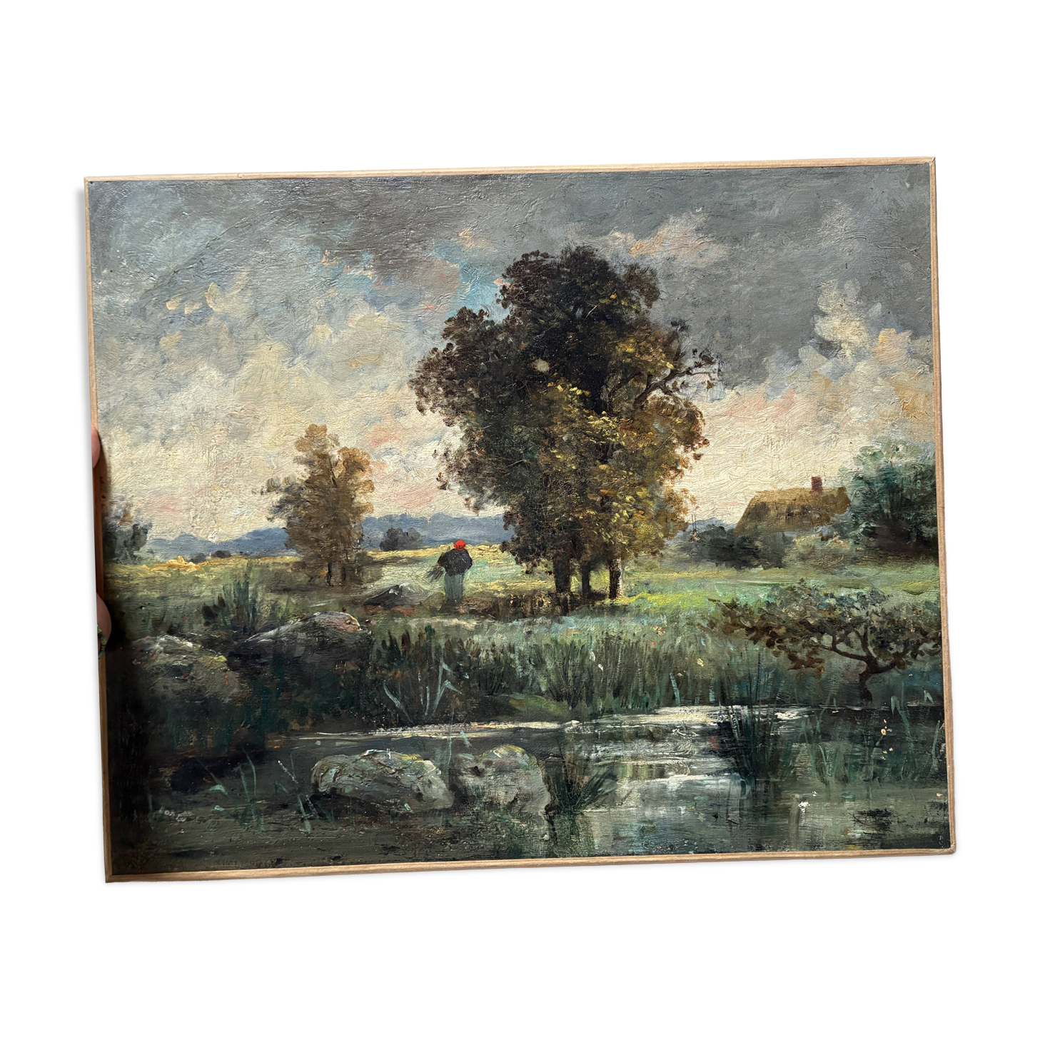 Old Impressionist Landscape – Pond and Countryside – Oil on Canvas