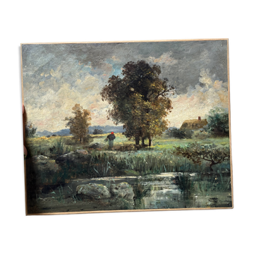 Old Impressionist Landscape – Pond and Countryside – Oil on Canvas