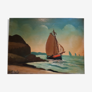 Oil on canvas boat signed J.Chatelin