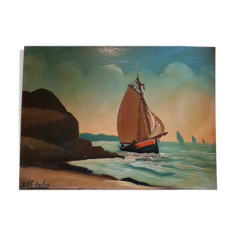 Oil on canvas boat signed J.Chatelin