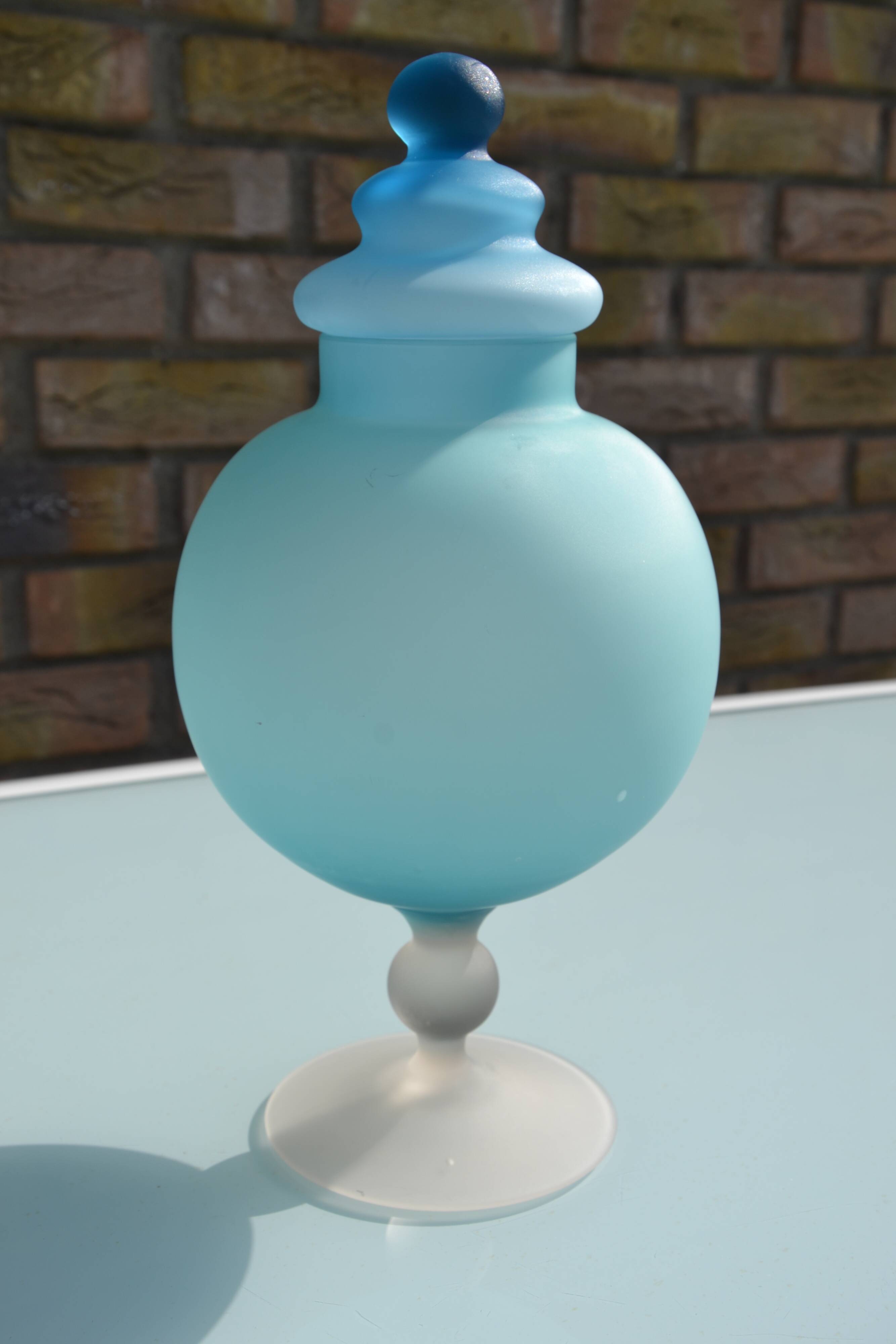 Blue frosted glass bottle/vase on foot