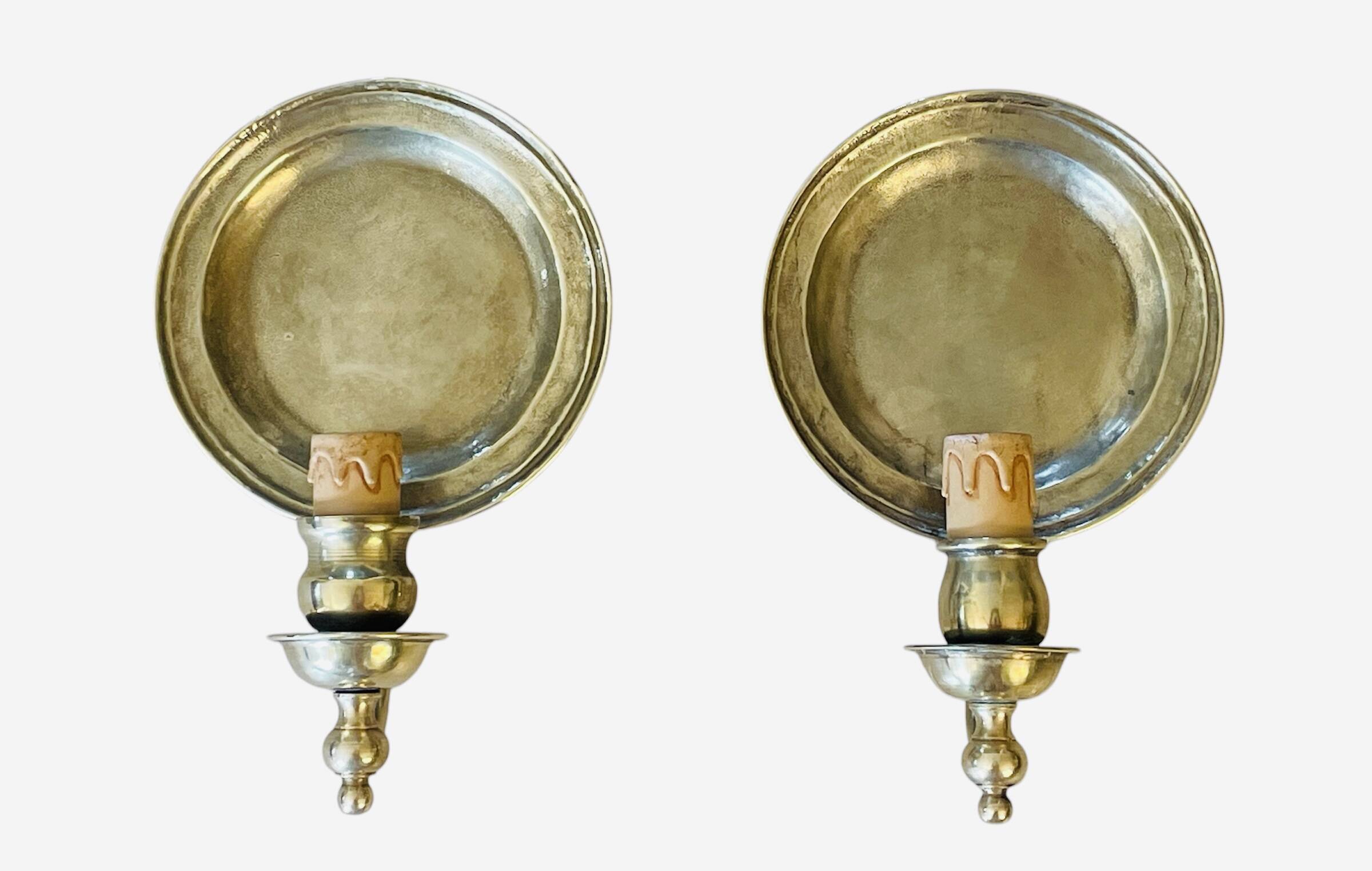 Pair of vintage wall sconces in textured brass, brutalist style.