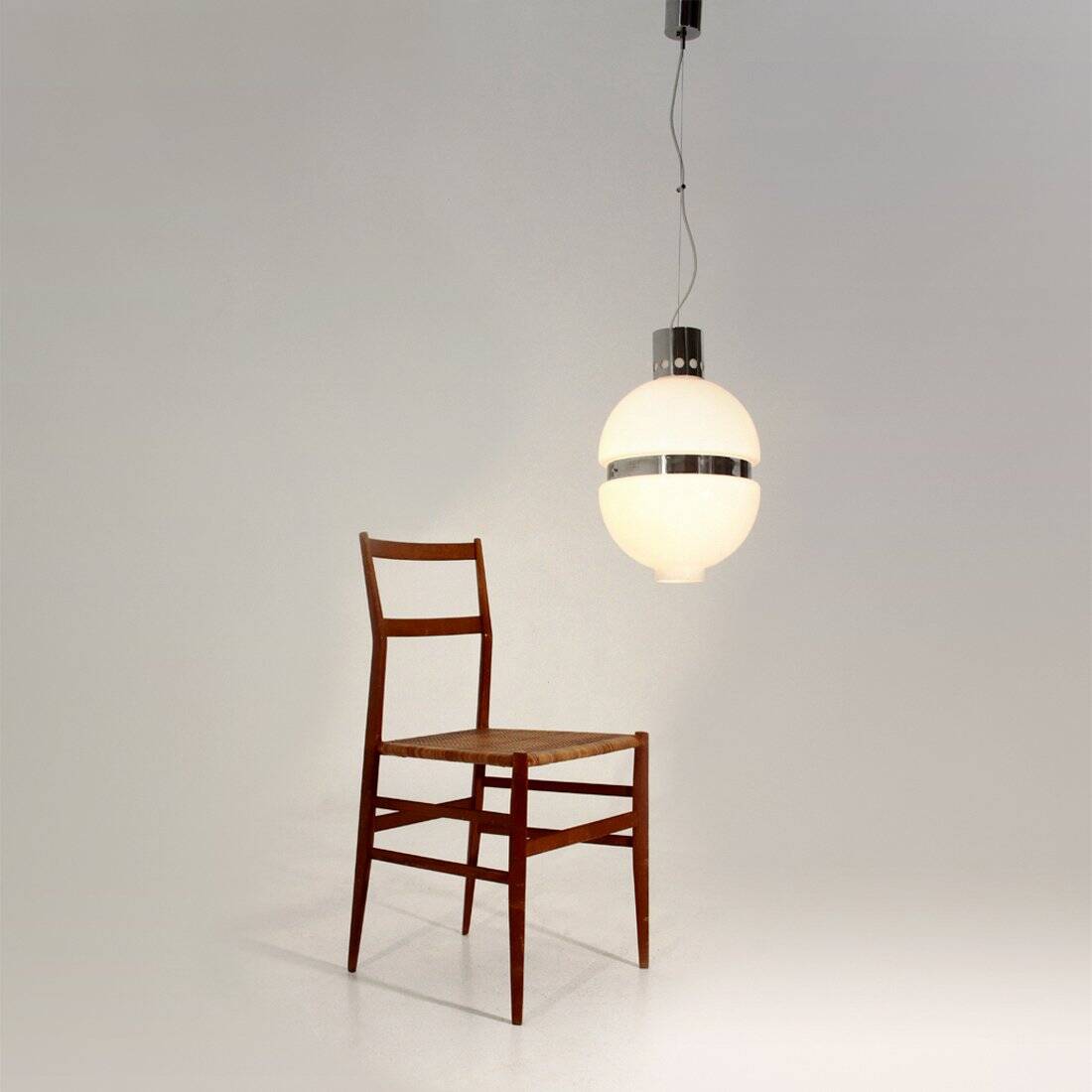 White glass and chrome metal chandelier, 1960s